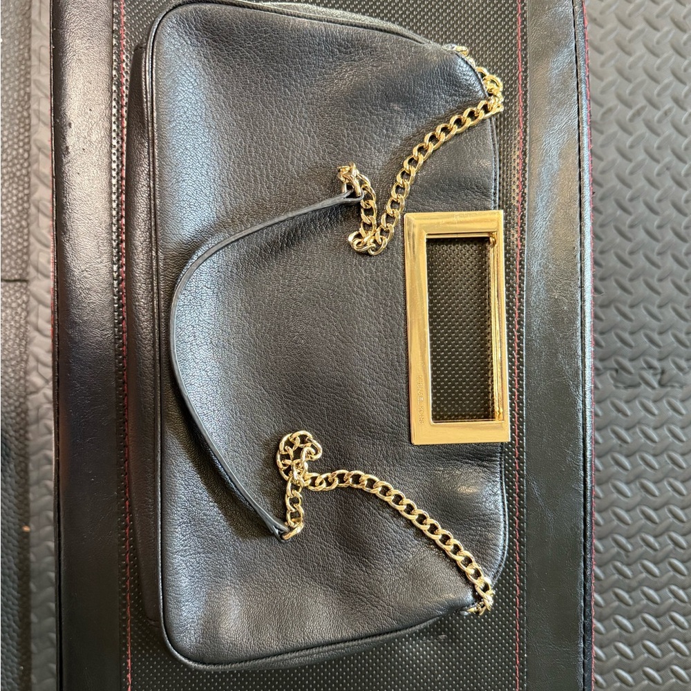 Michael Kors  Black Leather Clutch with Gold Chain